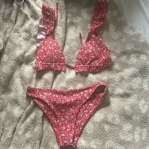 shein red and white floral flounce bikini